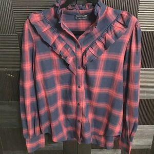 The Fifth Label Navy & Red Ruffled Flannel Long Sleeve Shirt Women's Size Small